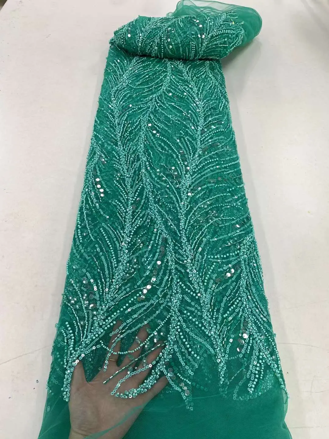Orange Nigerian Beaded Lace  Fabrics With Beads High Quality Luxury African Sequins French Tulle Lace For Party ZX140Y-1