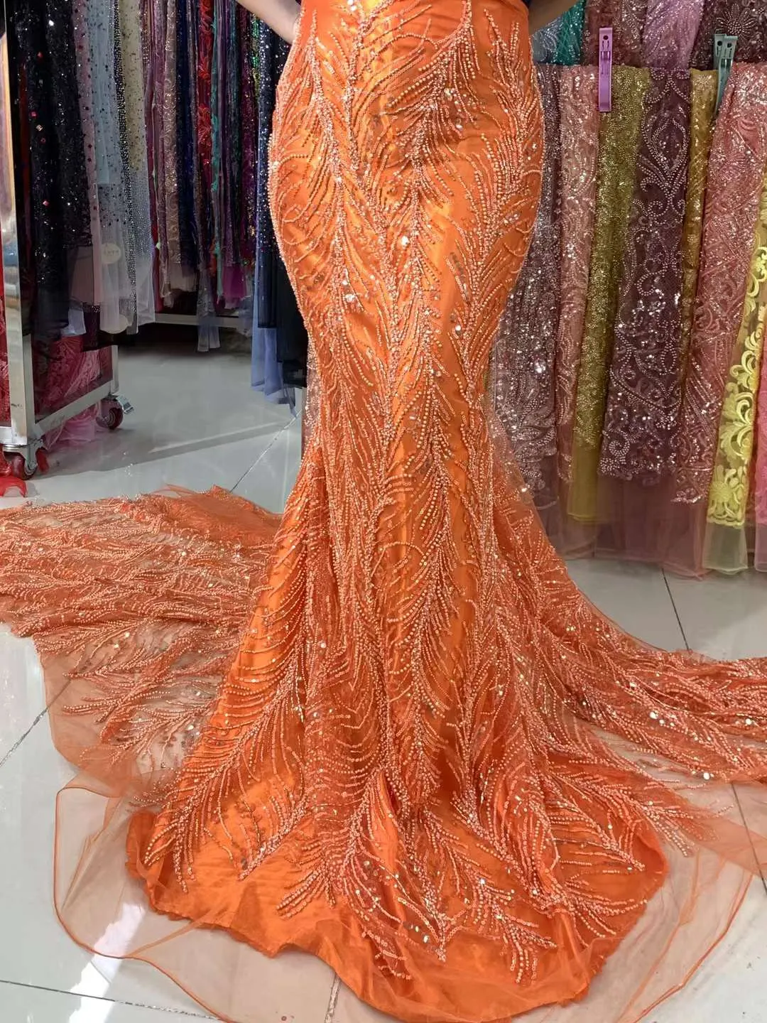 Orange Nigerian Beaded Lace  Fabrics With Beads High Quality Luxury African Sequins French Tulle Lace For Party ZX140Y-1