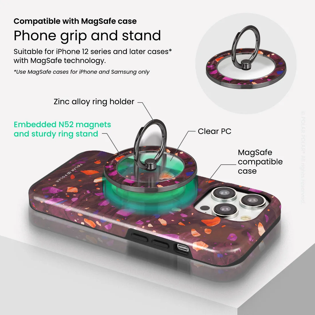 Paprika Terrazzo Gem - Black MagSafe Phone Grip and Ring Holder Stand
