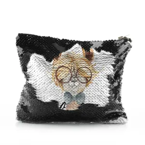 Personalised Sequin Zip Bag with Alpaca Bow Tie and Glasses and Cute Text