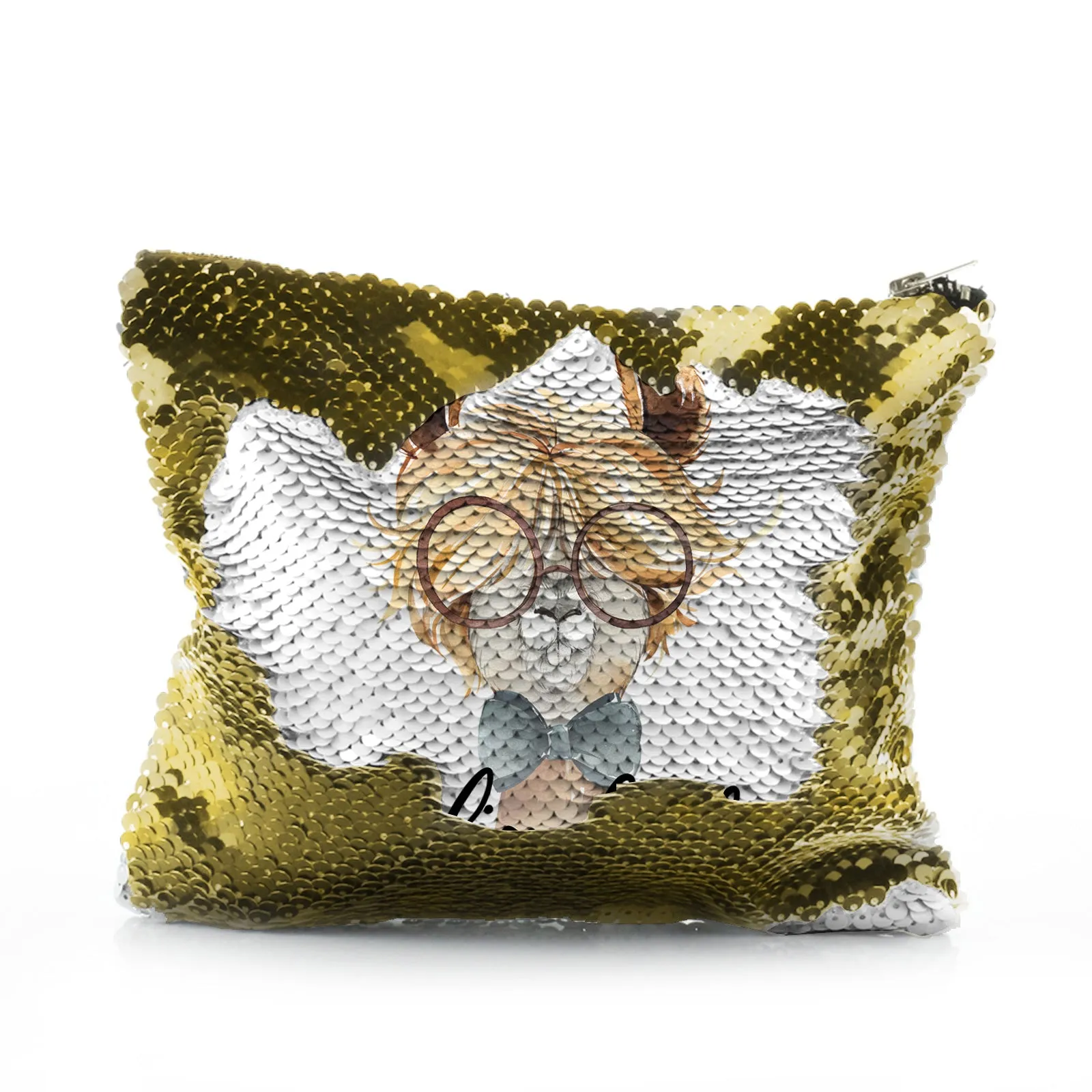 Personalised Sequin Zip Bag with Alpaca Bow Tie and Glasses and Cute Text