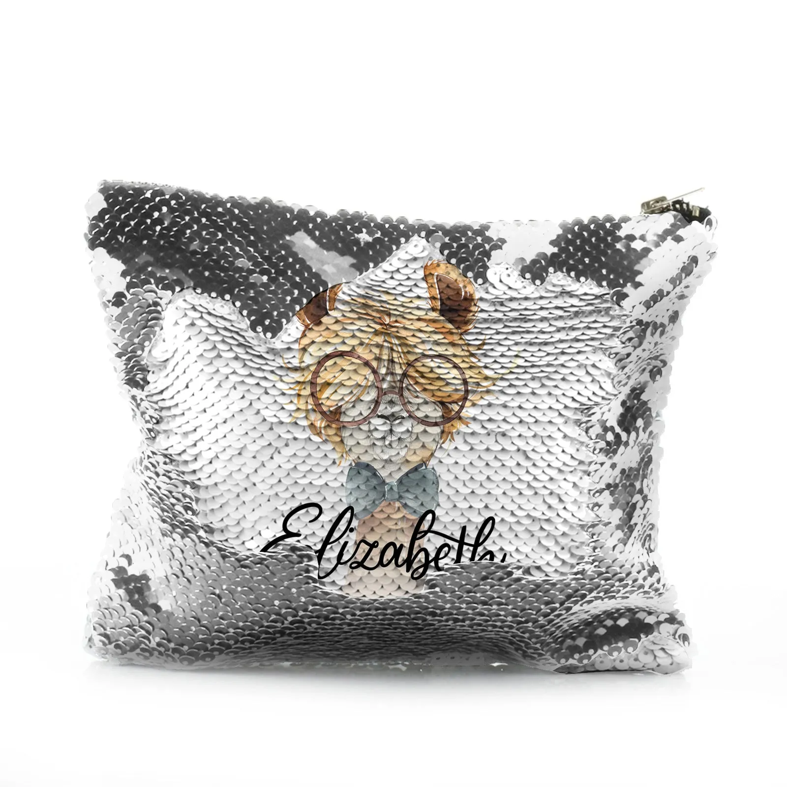 Personalised Sequin Zip Bag with Alpaca Bow Tie and Glasses and Cute Text
