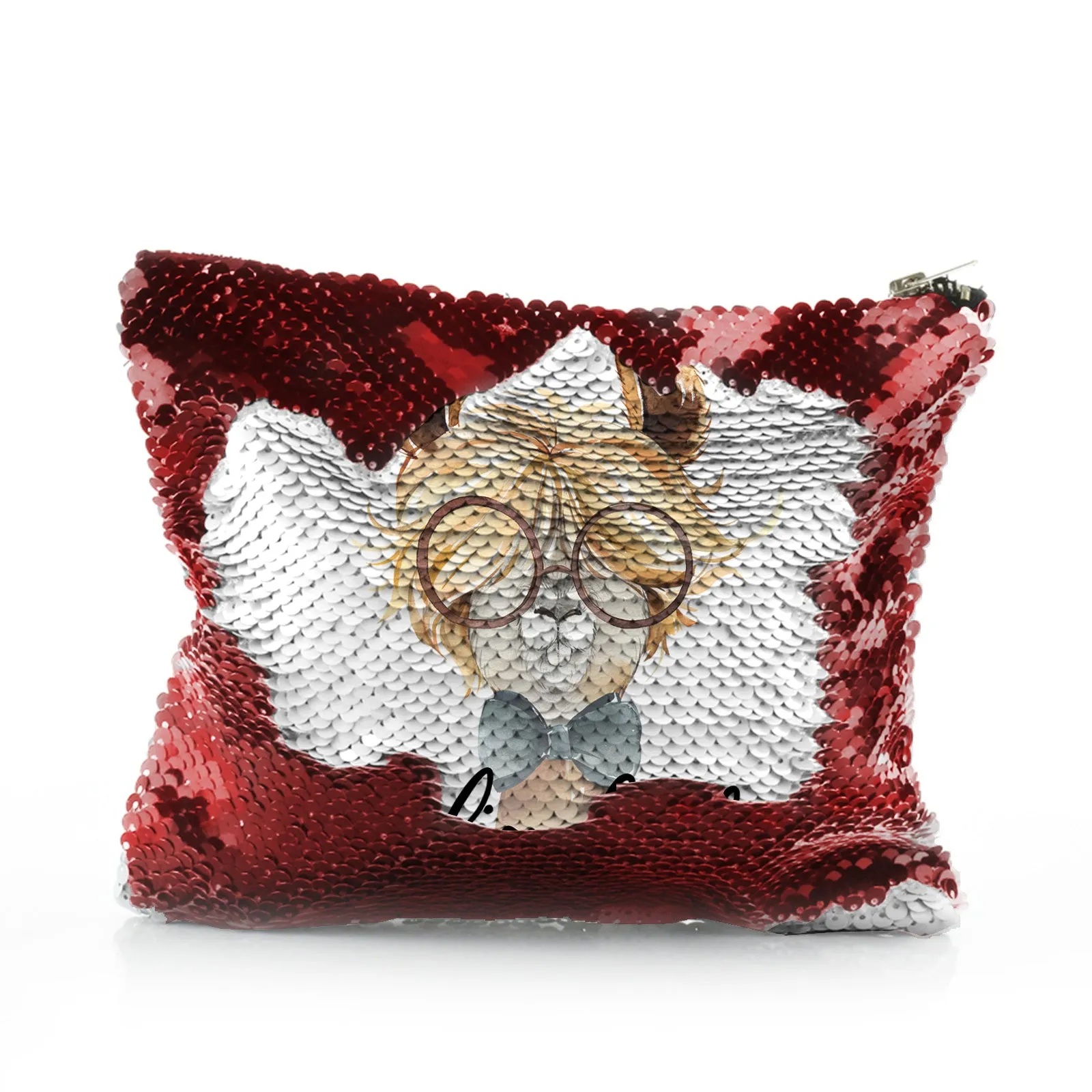 Personalised Sequin Zip Bag with Alpaca Bow Tie and Glasses and Cute Text