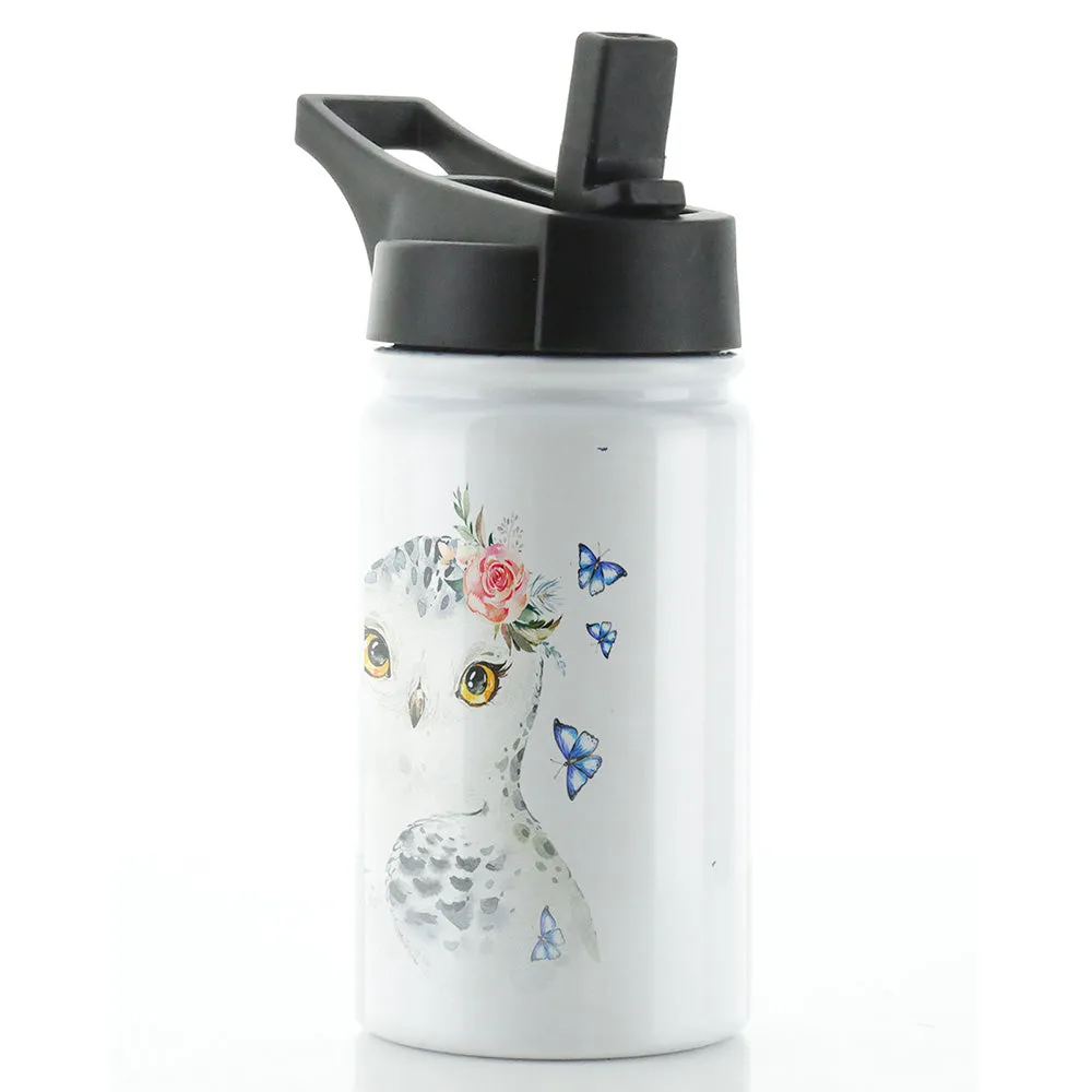 Personalised Snow Owl Butterfly and Name White Sports Flask