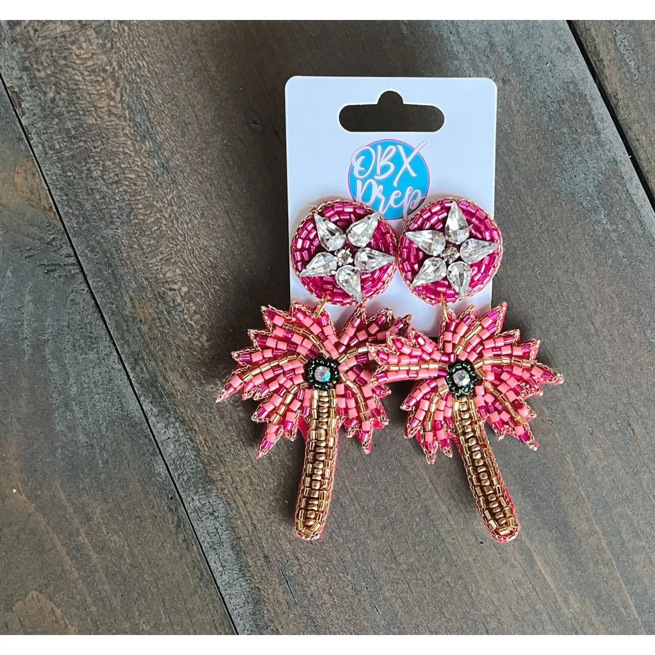 Pink Palm Tree Seed Beaded Dangle Earrings S
