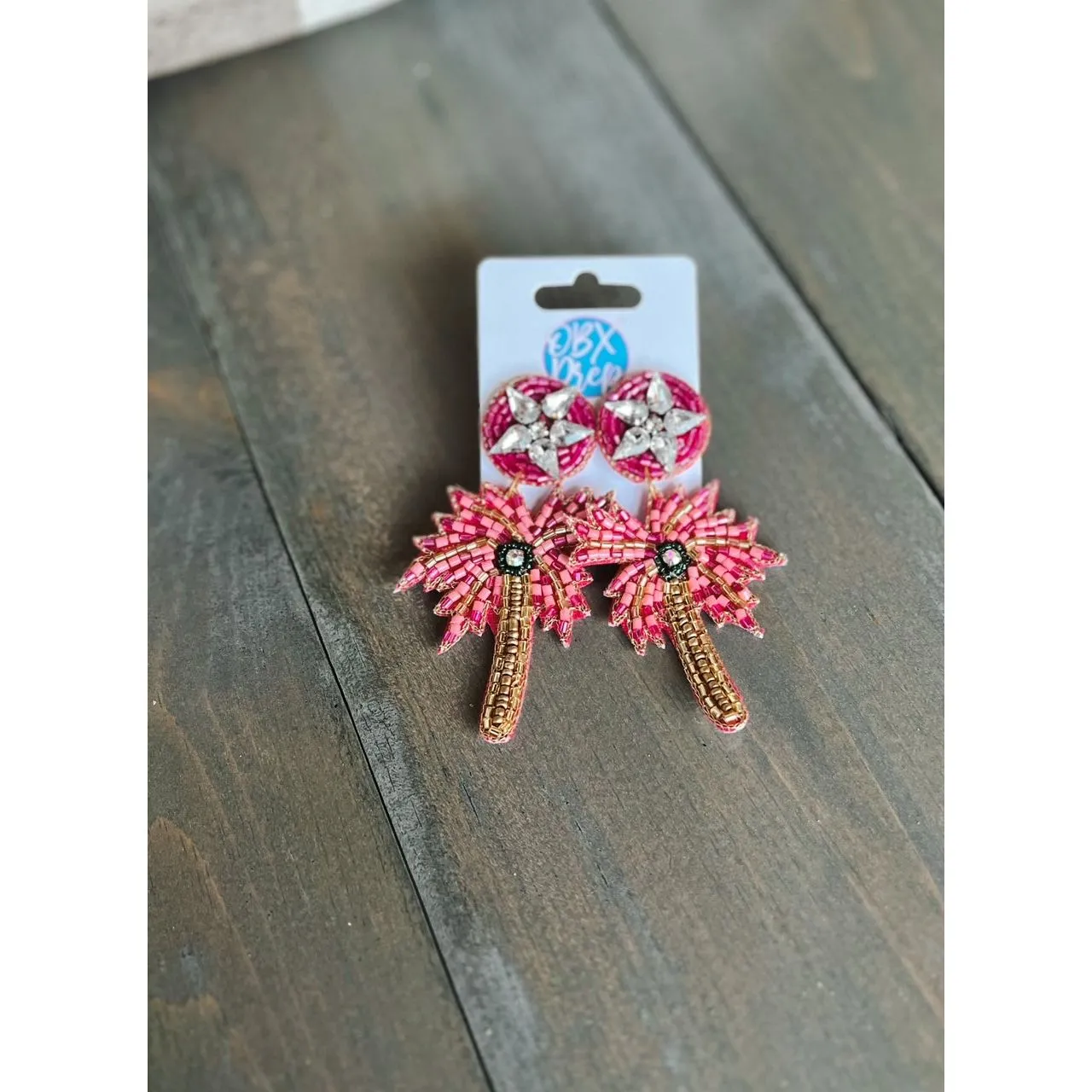 Pink Palm Tree Seed Beaded Dangle Earrings S