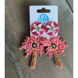 Pink Palm Tree Seed Beaded Dangle Earrings S