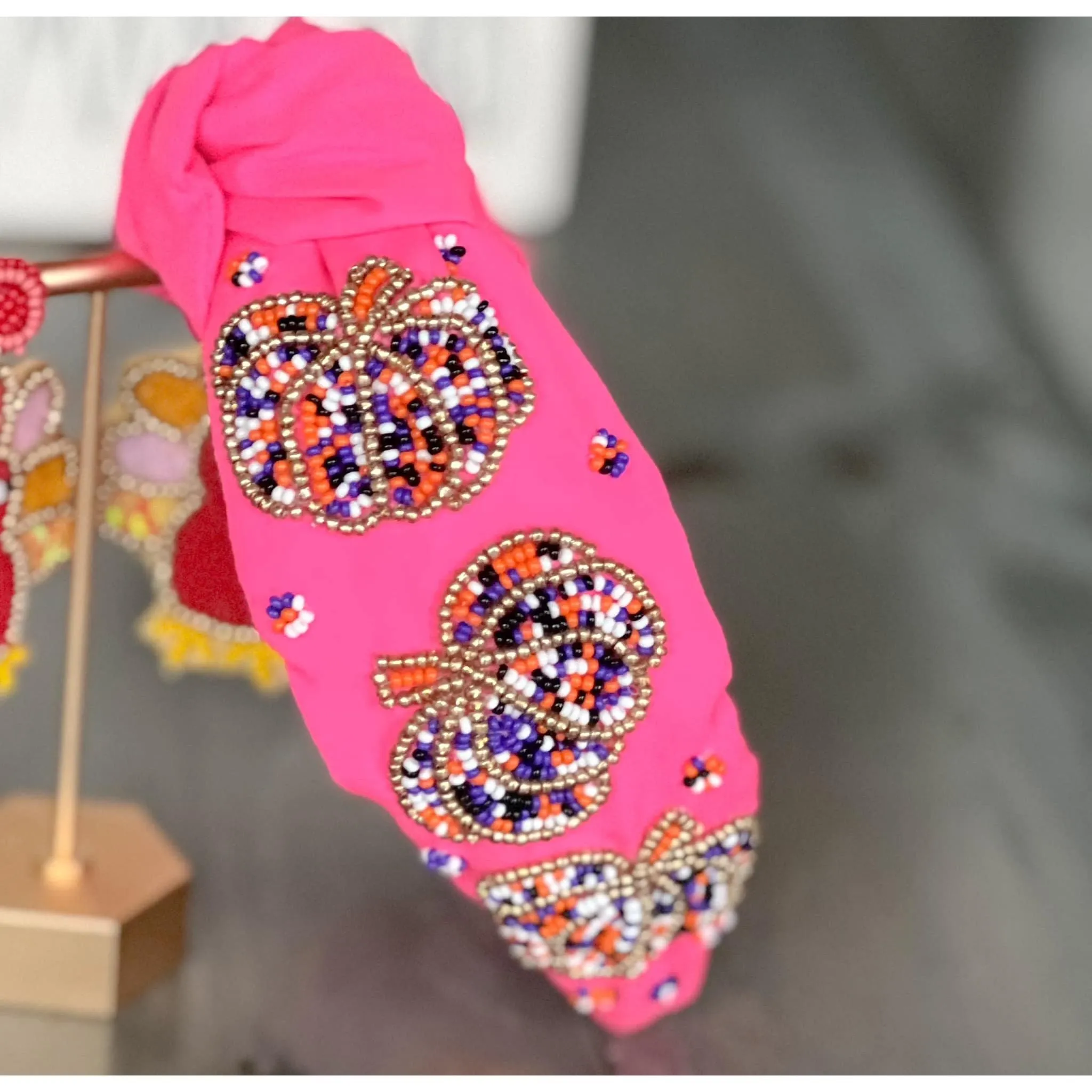 Pumpkin Confetti Pink Beaded Headband