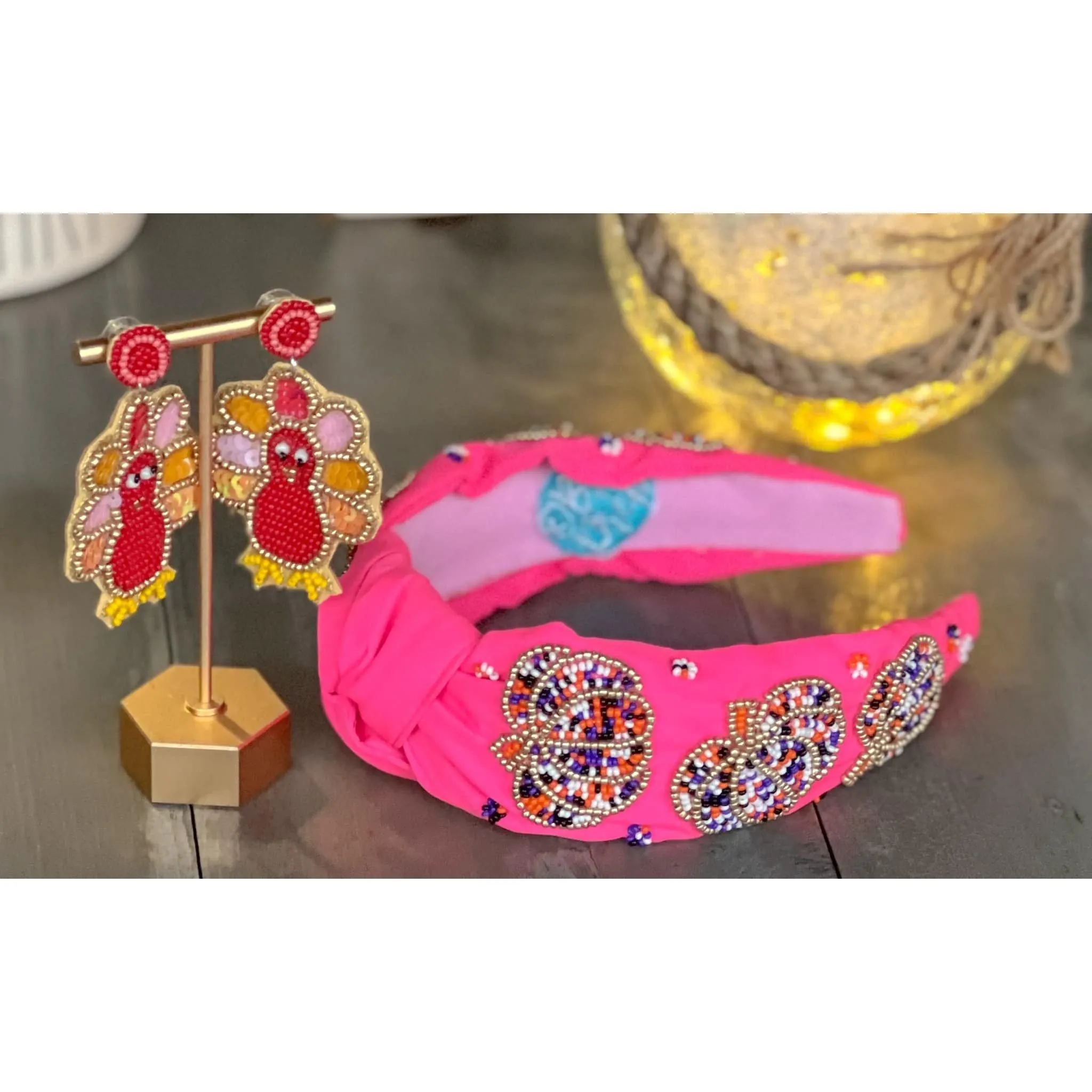 Pumpkin Confetti Pink Beaded Headband
