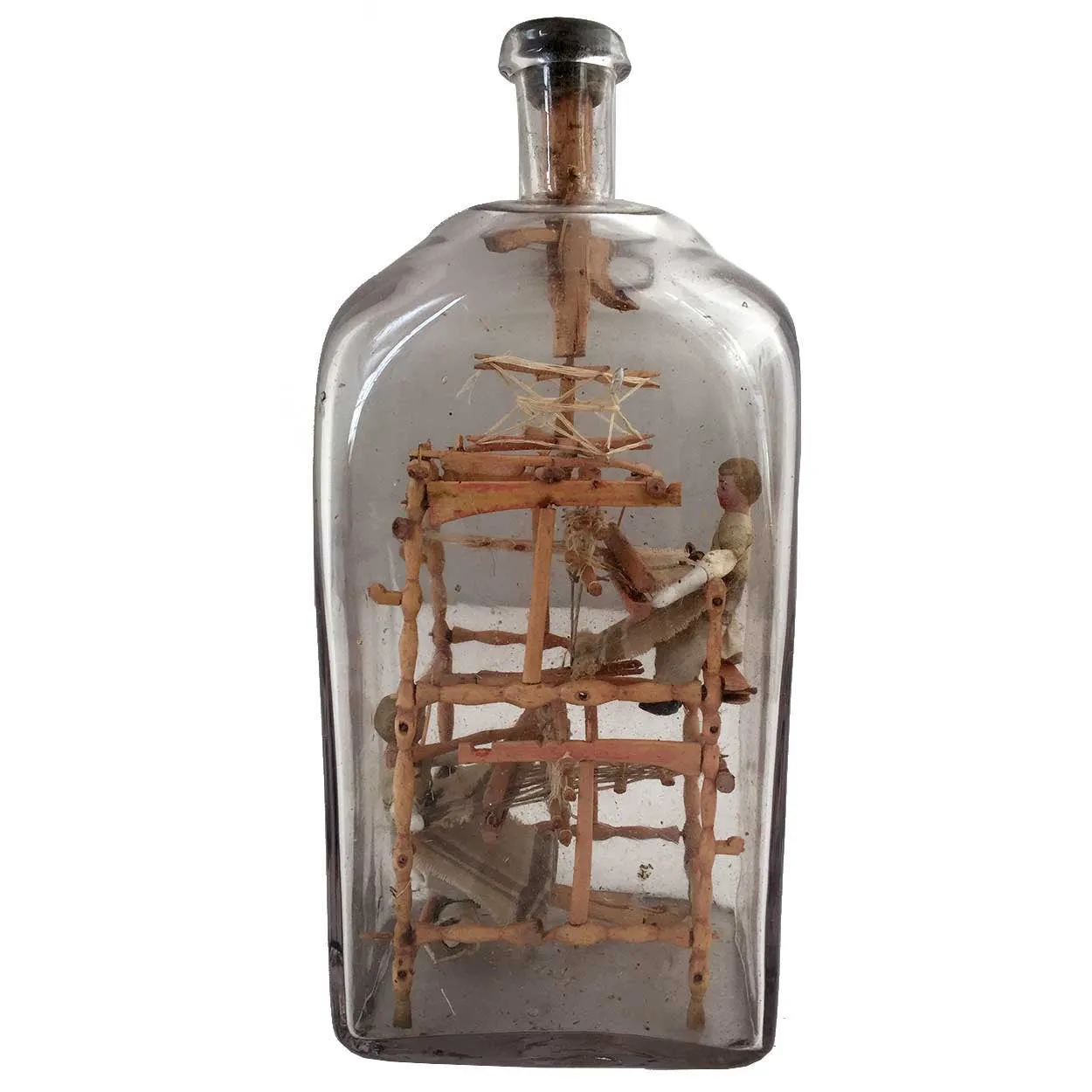Rare Danish Folk Art Whimsey Bottle with Miniature Loom and Dolls
