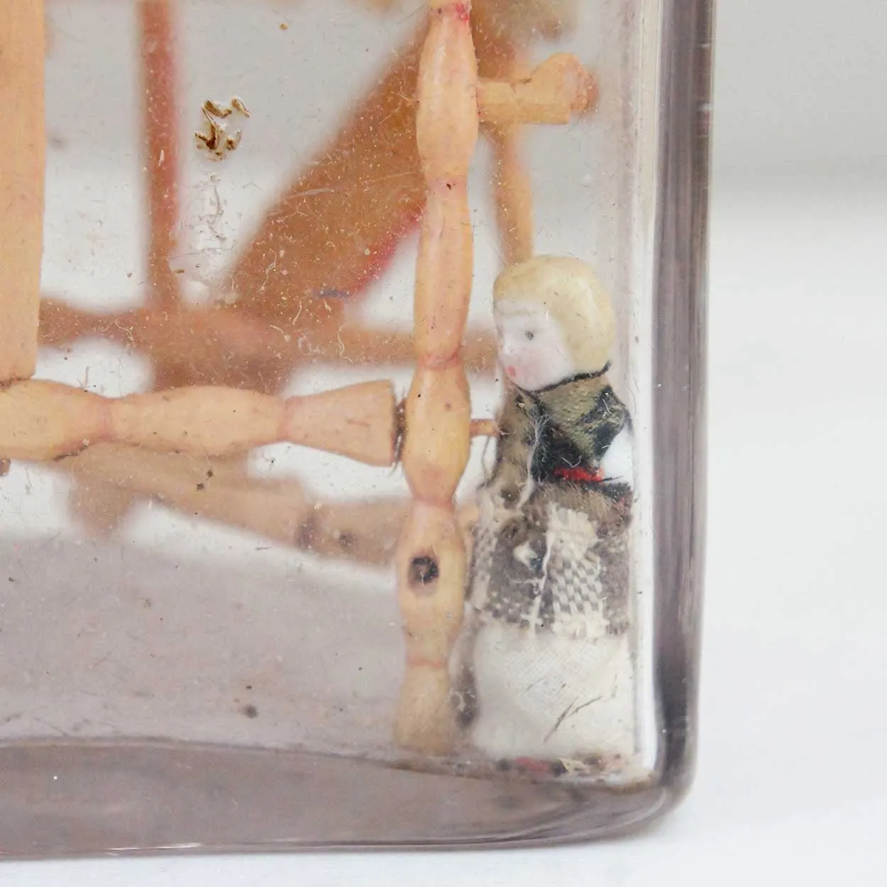 Rare Danish Folk Art Whimsey Bottle with Miniature Loom and Dolls
