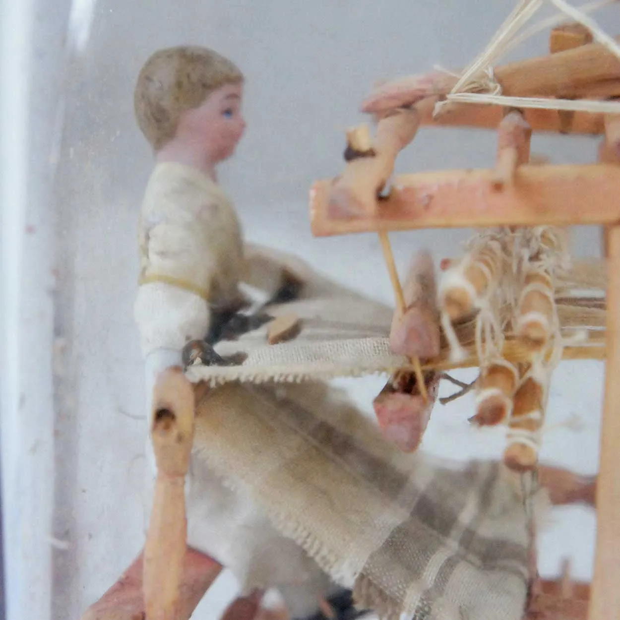 Rare Danish Folk Art Whimsey Bottle with Miniature Loom and Dolls