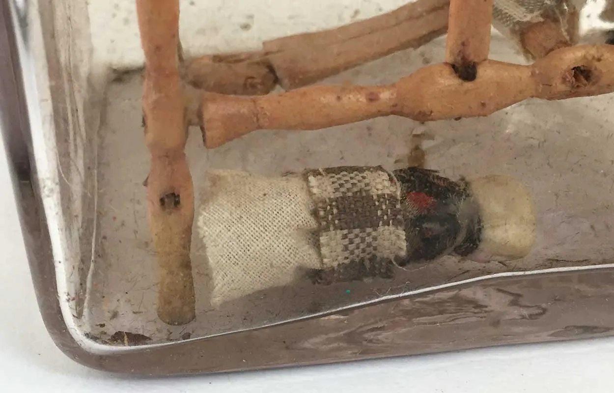 Rare Danish Folk Art Whimsey Bottle with Miniature Loom and Dolls