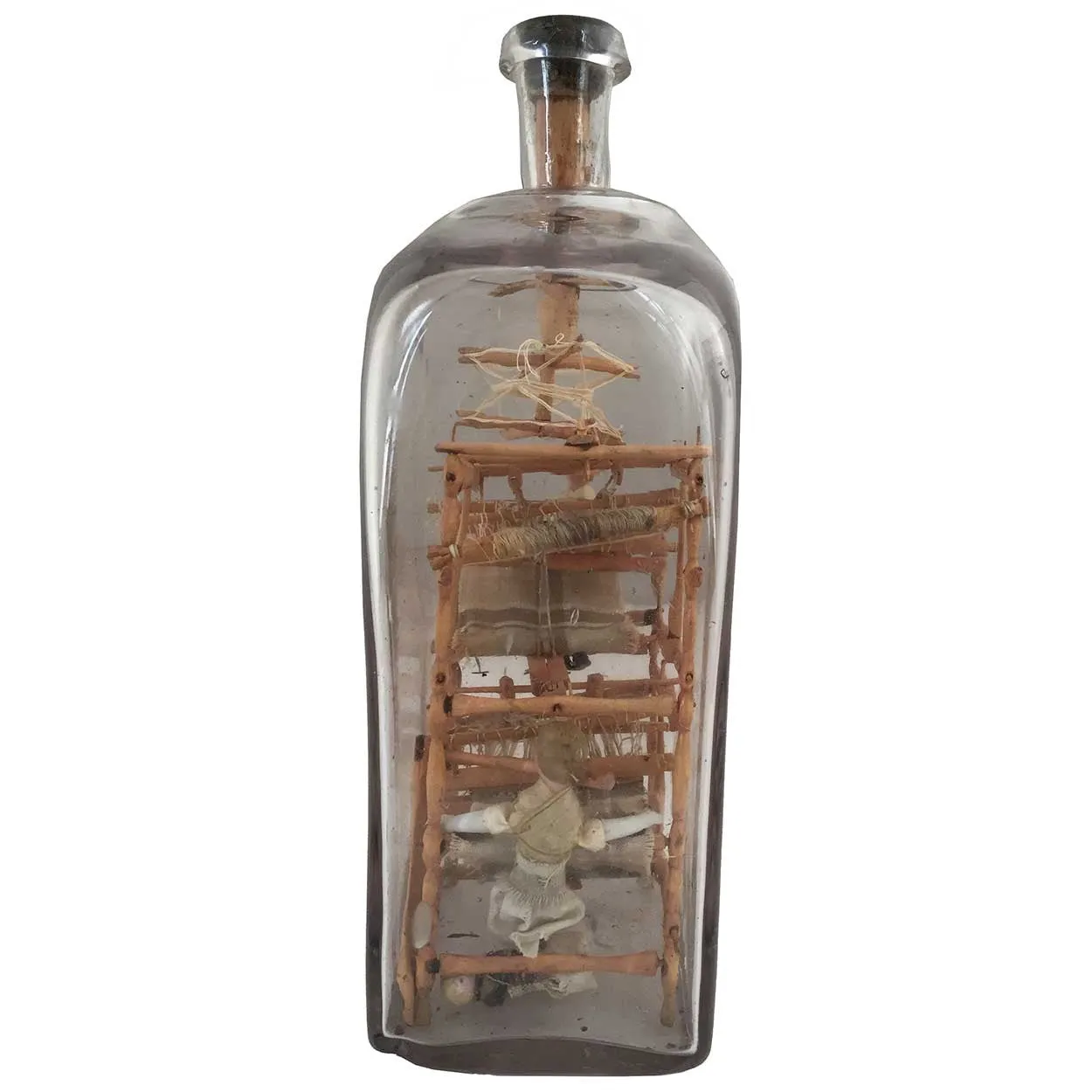 Rare Danish Folk Art Whimsey Bottle with Miniature Loom and Dolls