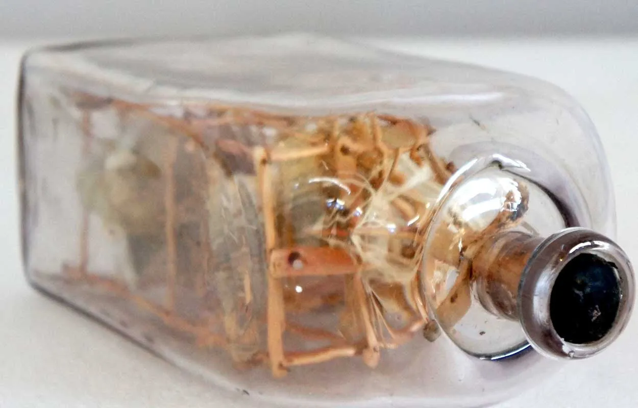 Rare Danish Folk Art Whimsey Bottle with Miniature Loom and Dolls