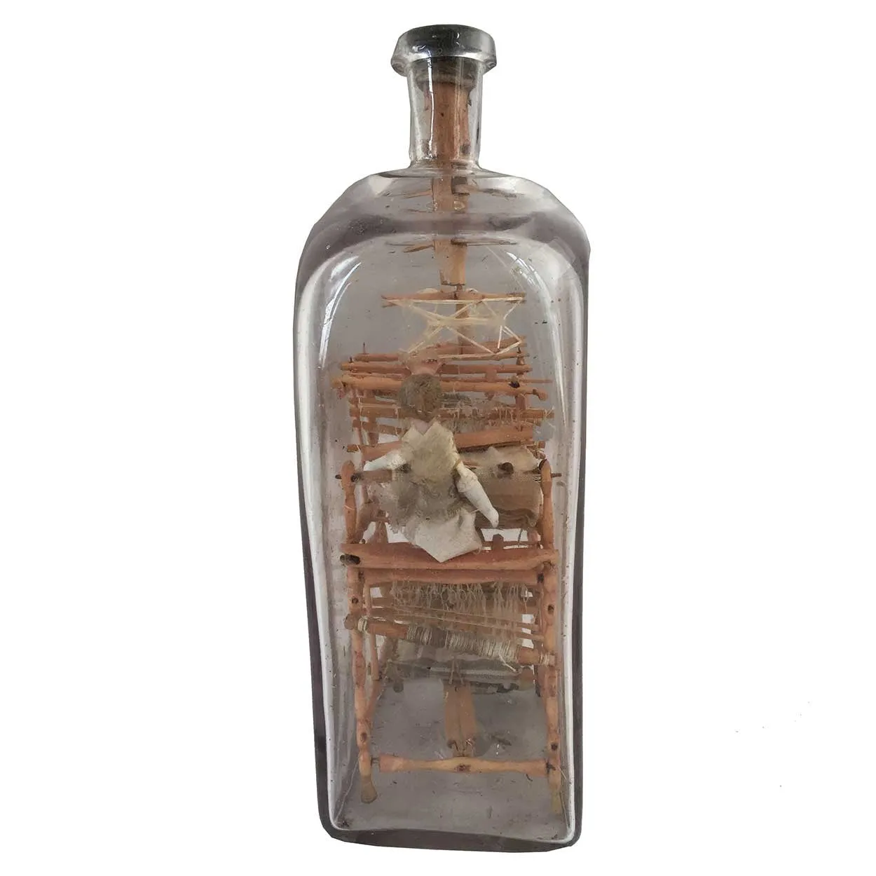 Rare Danish Folk Art Whimsey Bottle with Miniature Loom and Dolls
