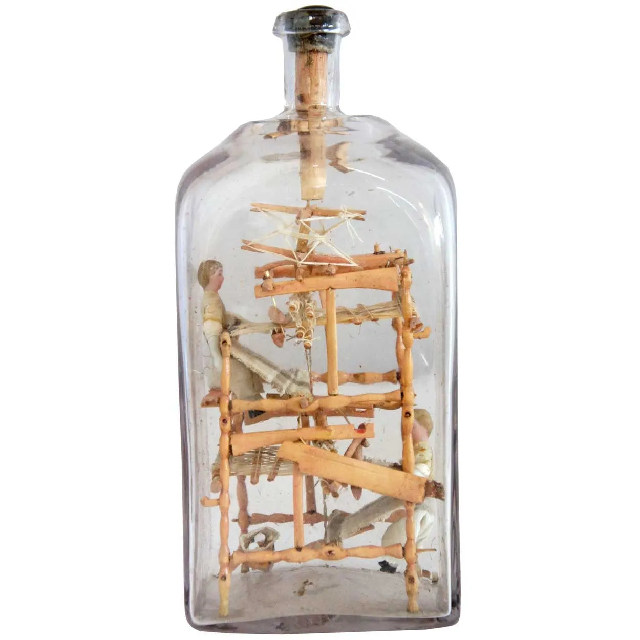 Rare Danish Folk Art Whimsey Bottle with Miniature Loom and Dolls