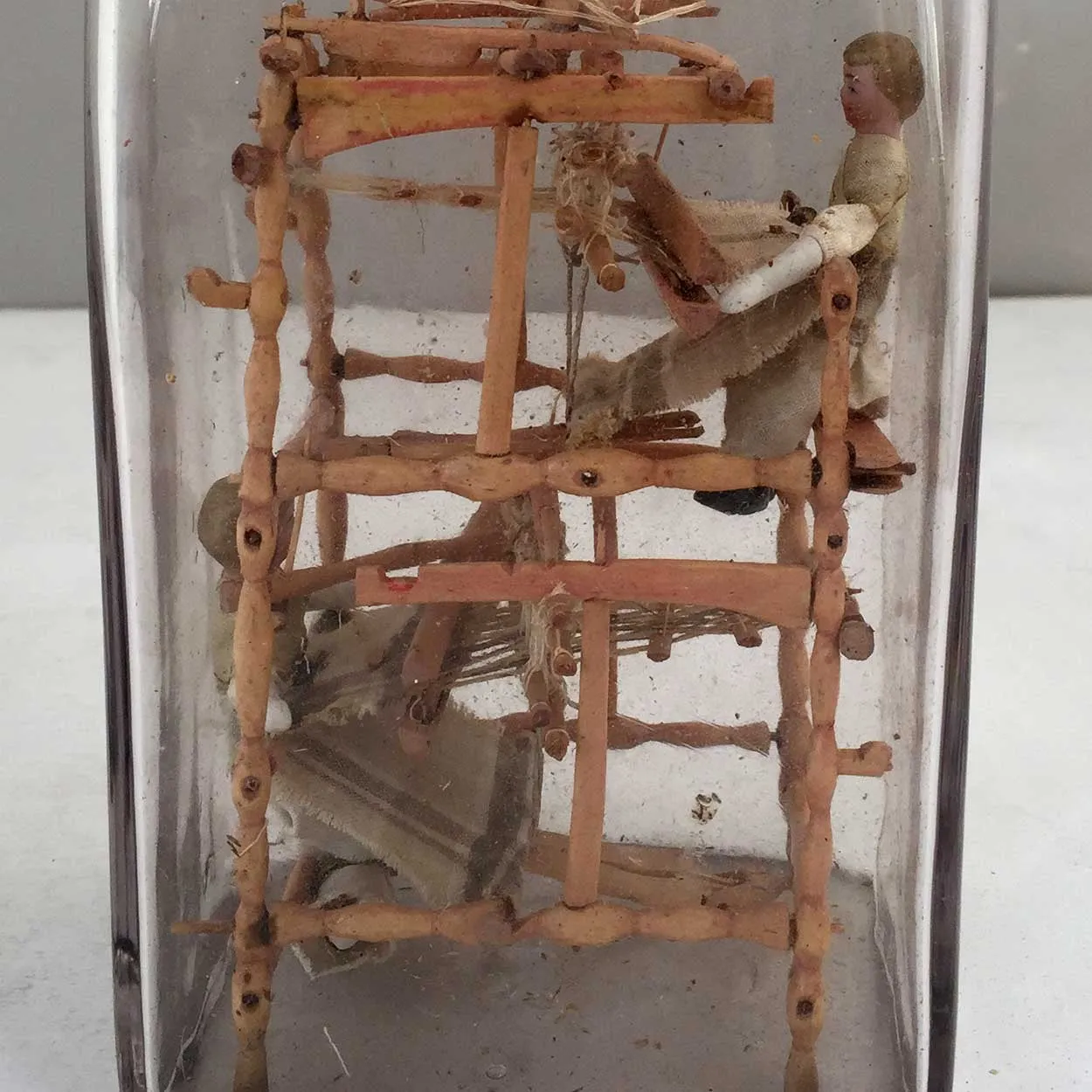 Rare Danish Folk Art Whimsey Bottle with Miniature Loom and Dolls