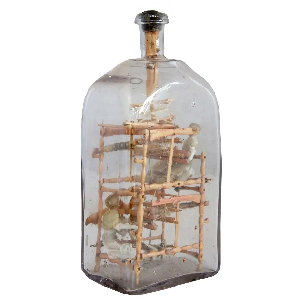 Rare Danish Folk Art Whimsey Bottle with Miniature Loom and Dolls