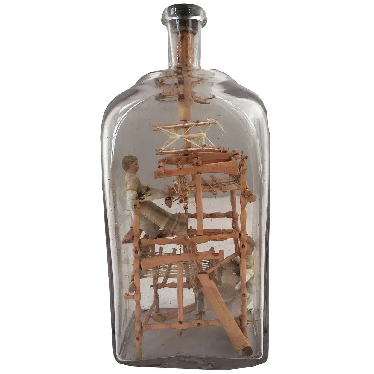 Rare Danish Folk Art Whimsey Bottle with Miniature Loom and Dolls