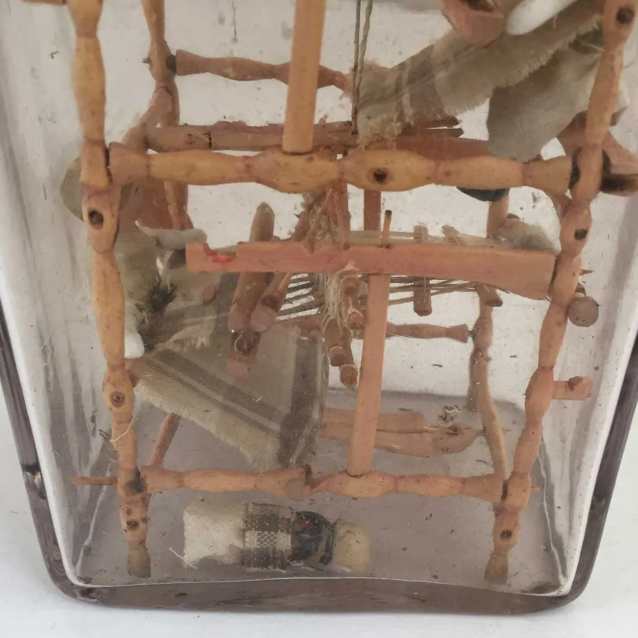 Rare Danish Folk Art Whimsey Bottle with Miniature Loom and Dolls