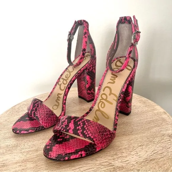 Sam Edelman Yaro Hot Pink Python Snake Block Heel Open Toe Sandals Sz 7 NWOB