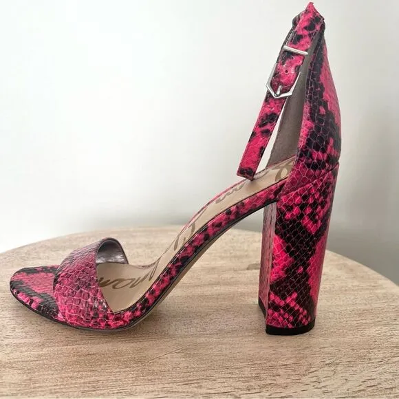 Sam Edelman Yaro Hot Pink Python Snake Block Heel Open Toe Sandals Sz 7 NWOB