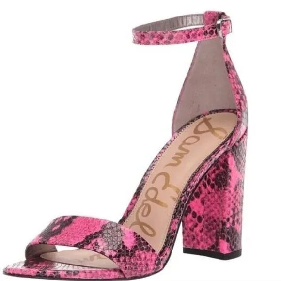Sam Edelman Yaro Hot Pink Python Snake Block Heel Open Toe Sandals Sz 7 NWOB