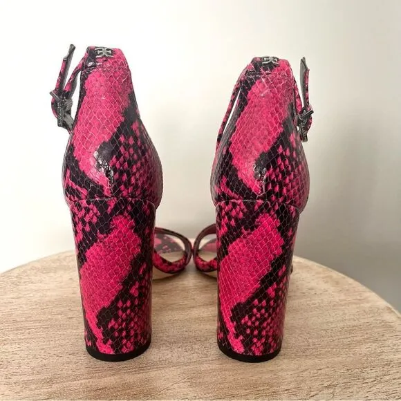 Sam Edelman Yaro Hot Pink Python Snake Block Heel Open Toe Sandals Sz 7 NWOB