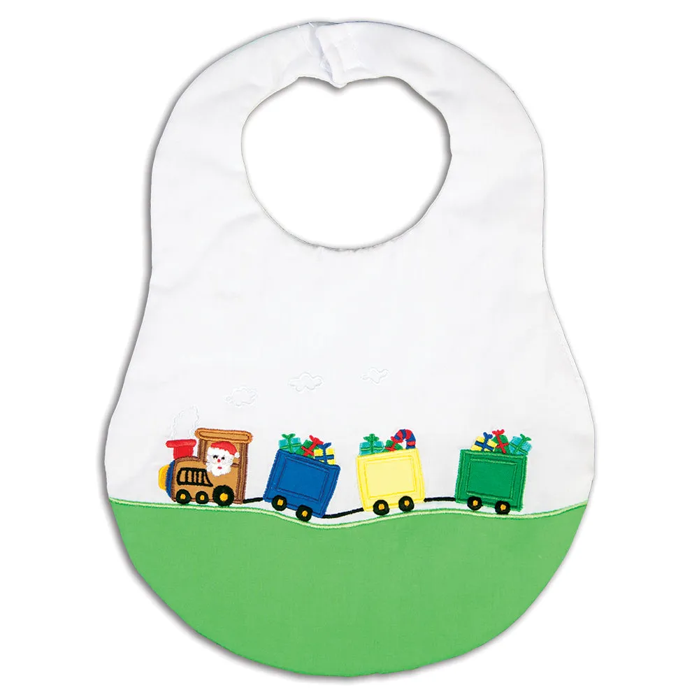 Santa Present Train White & Green Bib