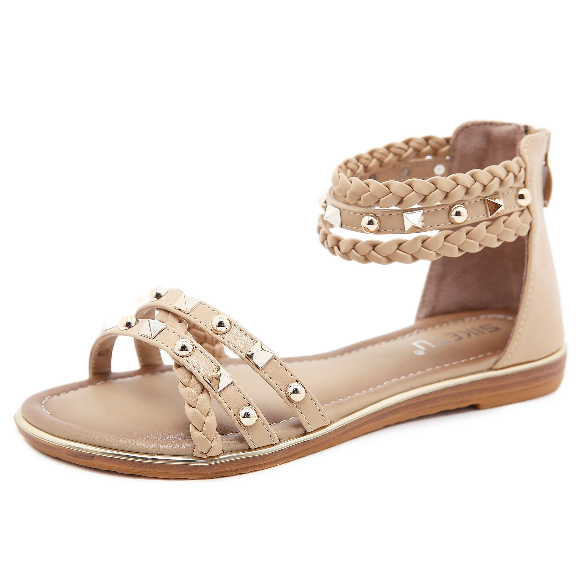 Studded Leather and Braided Strap Ankle Sandals
