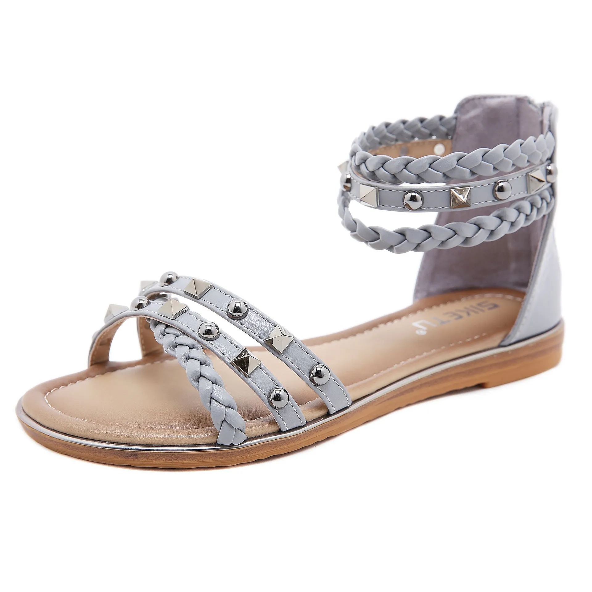 Studded Leather and Braided Strap Ankle Sandals