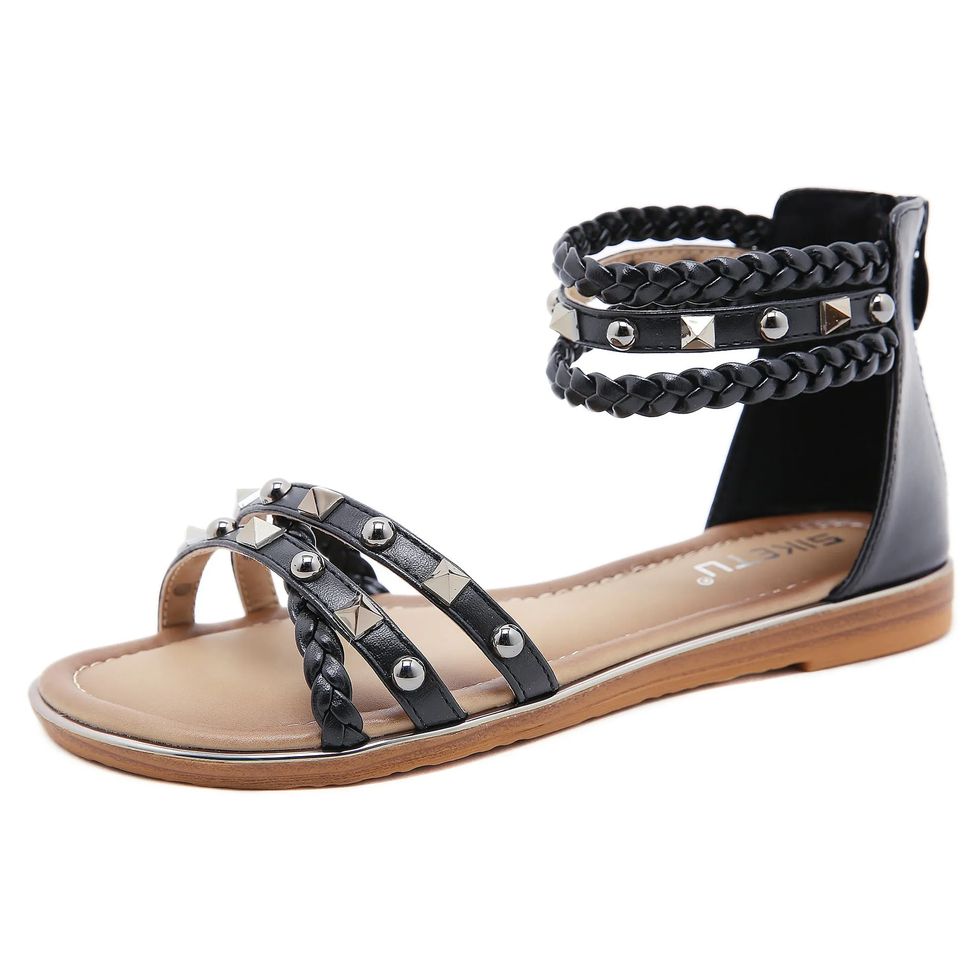Studded Leather and Braided Strap Ankle Sandals