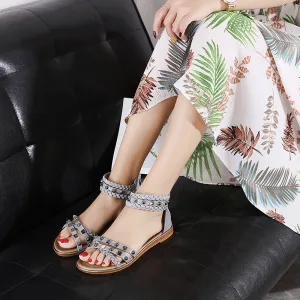 Studded Leather and Braided Strap Ankle Sandals