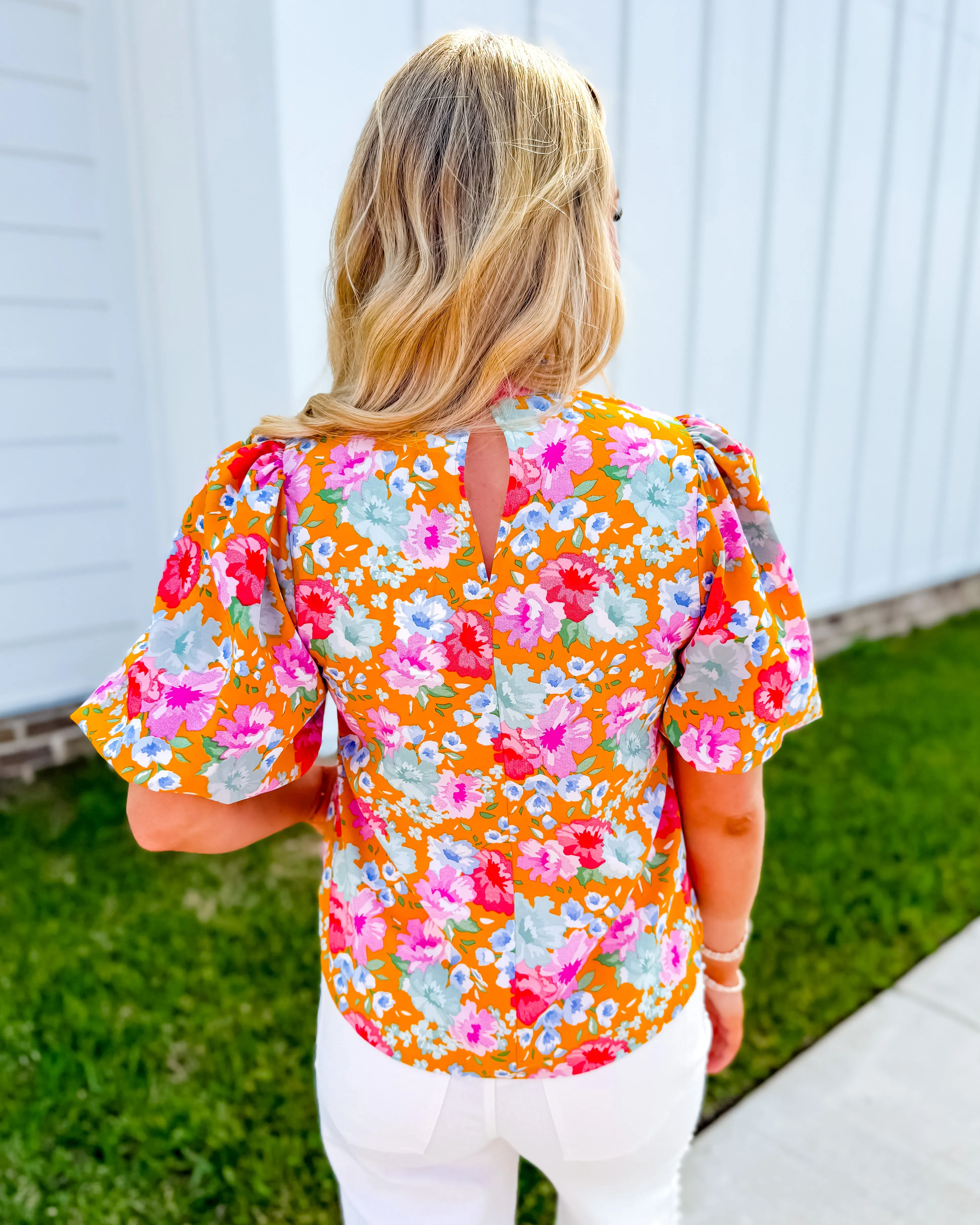 THML Mustard Floral Puff Sleeve Top