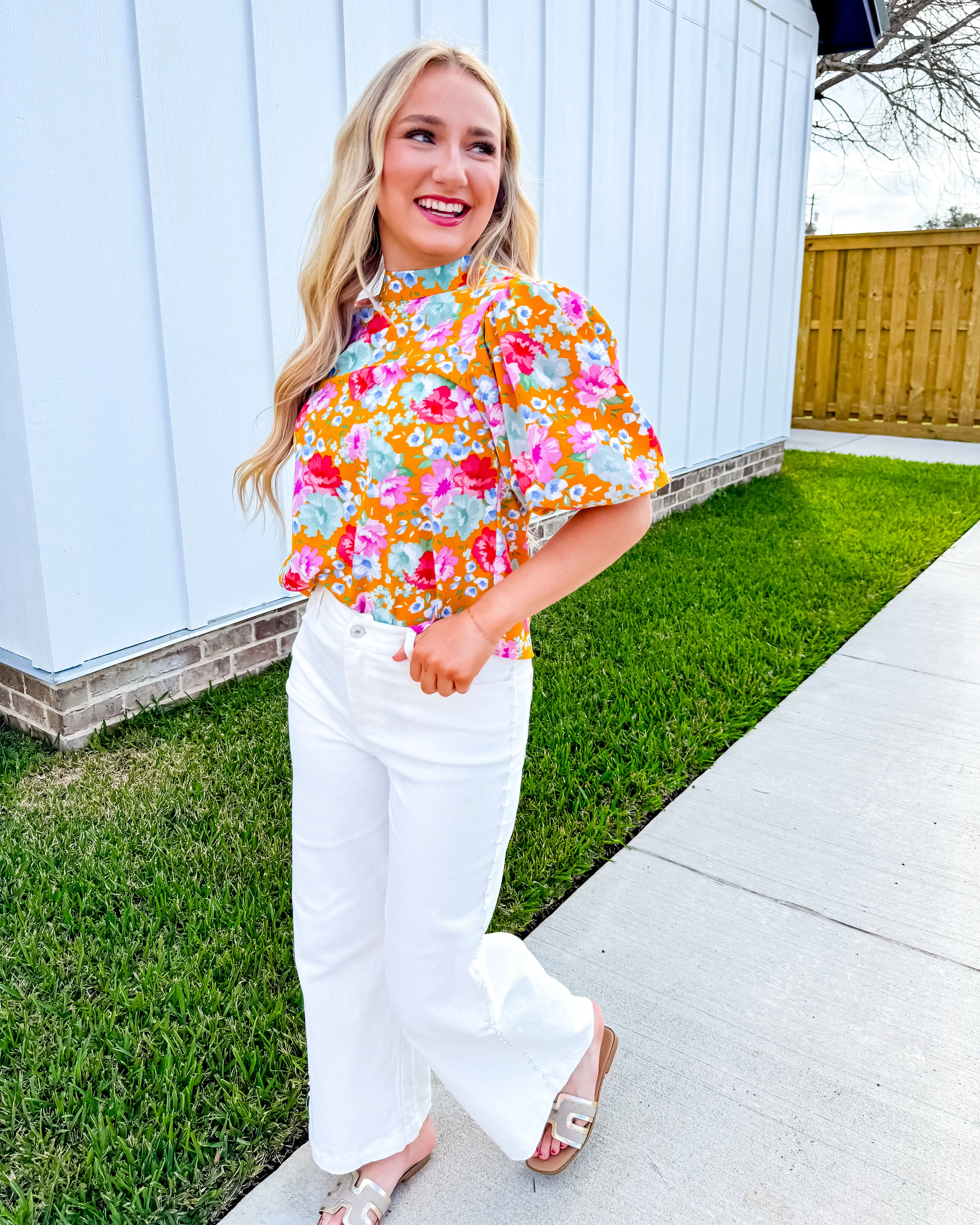 THML Mustard Floral Puff Sleeve Top