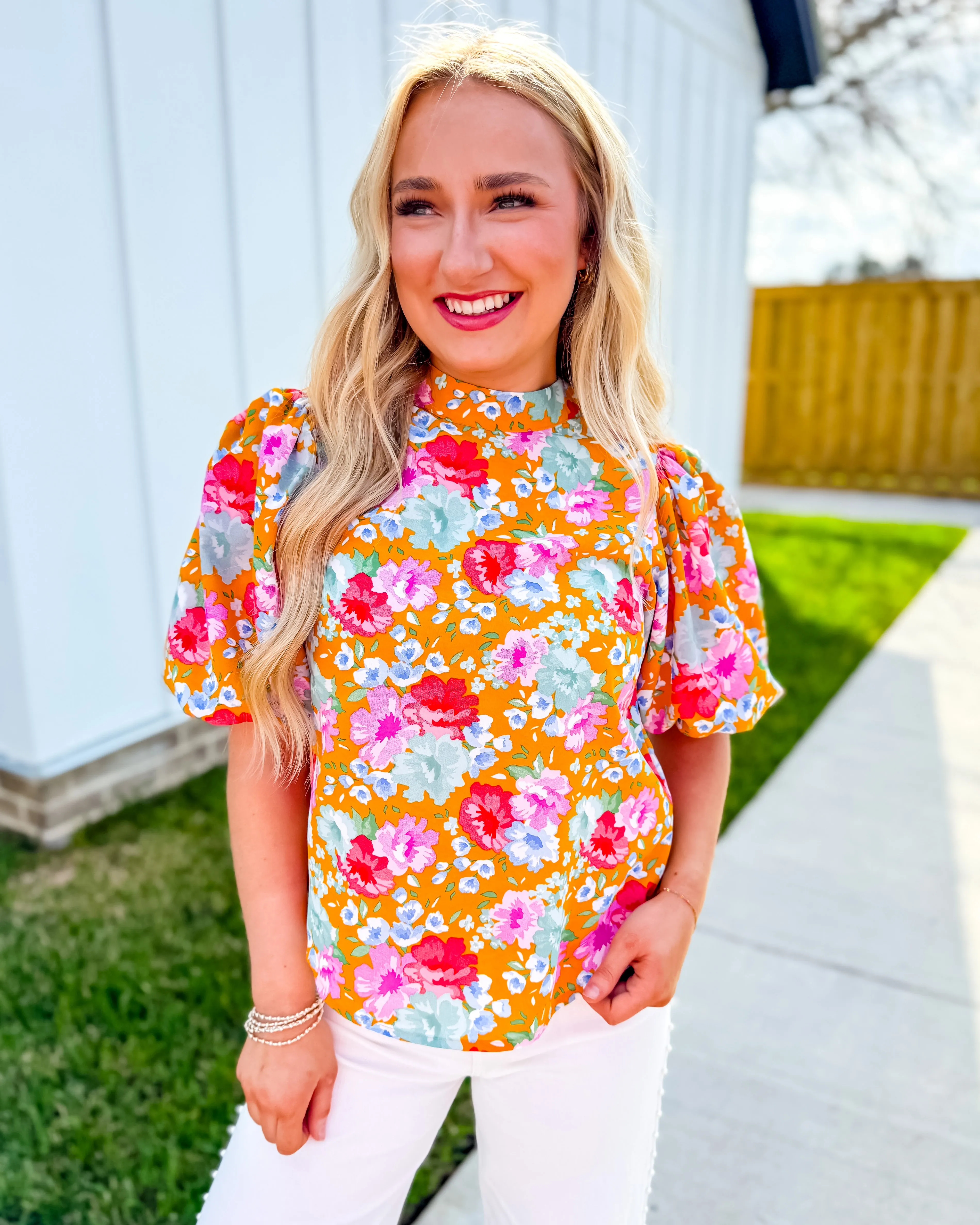 THML Mustard Floral Puff Sleeve Top