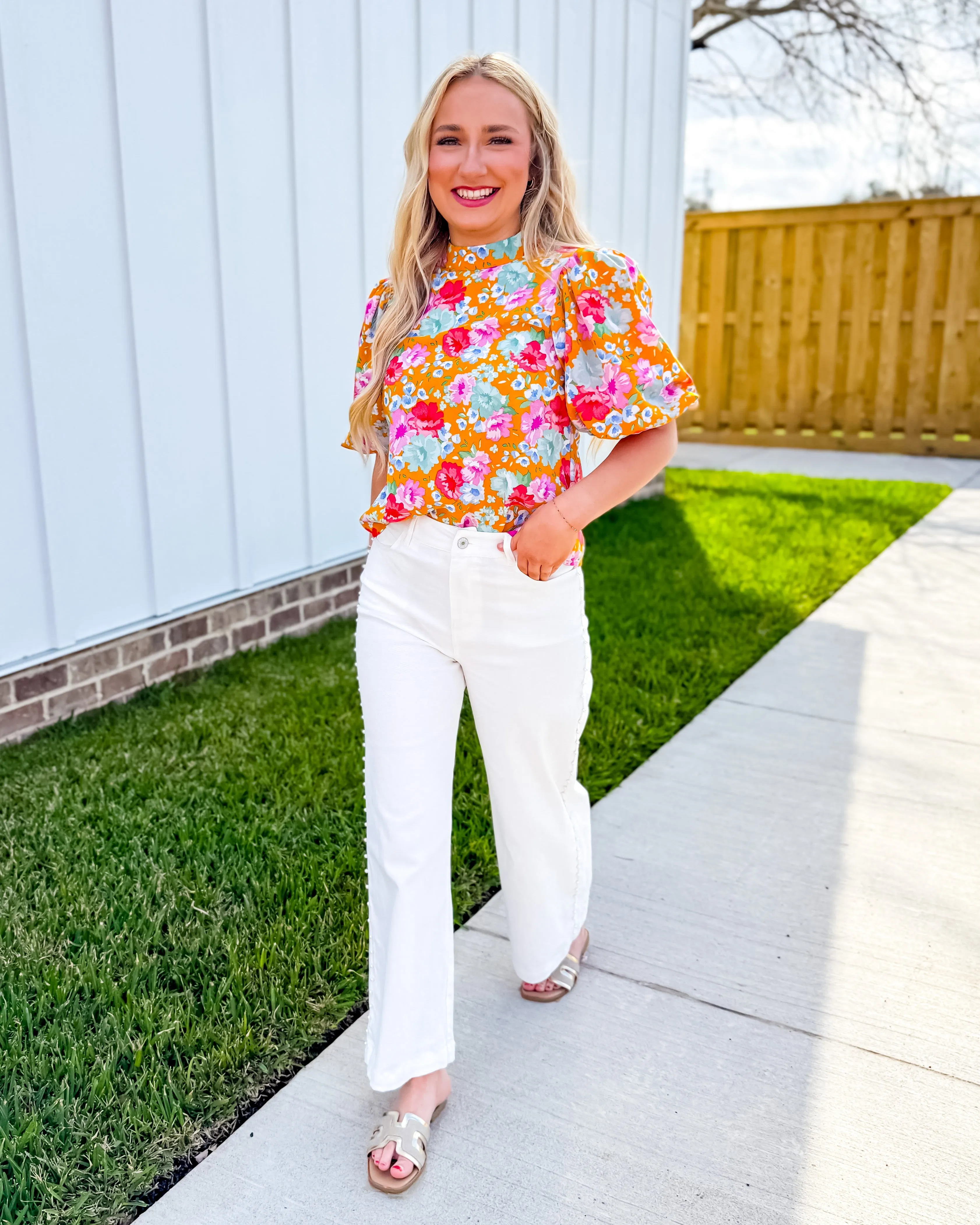 THML Mustard Floral Puff Sleeve Top