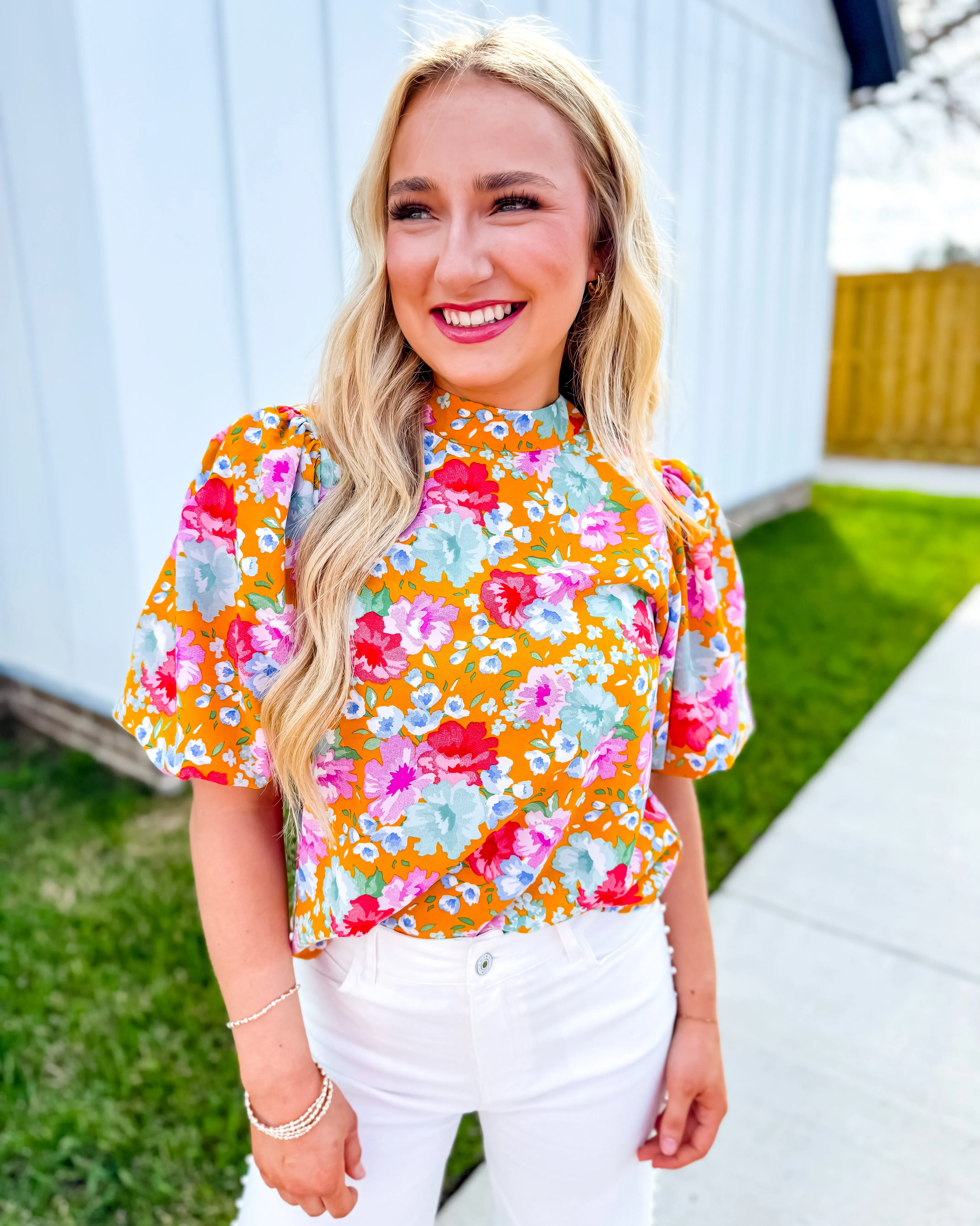 THML Mustard Floral Puff Sleeve Top