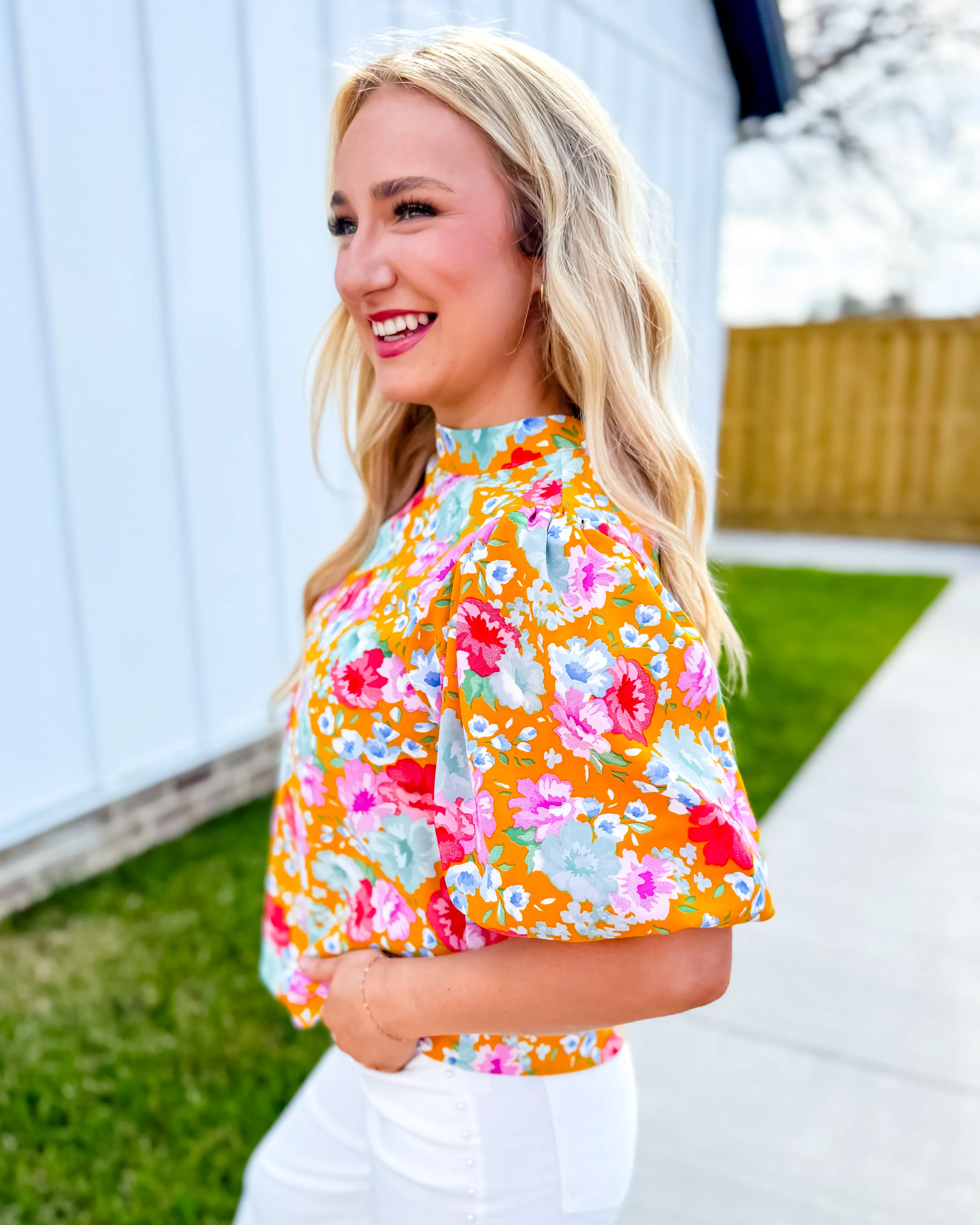 THML Mustard Floral Puff Sleeve Top