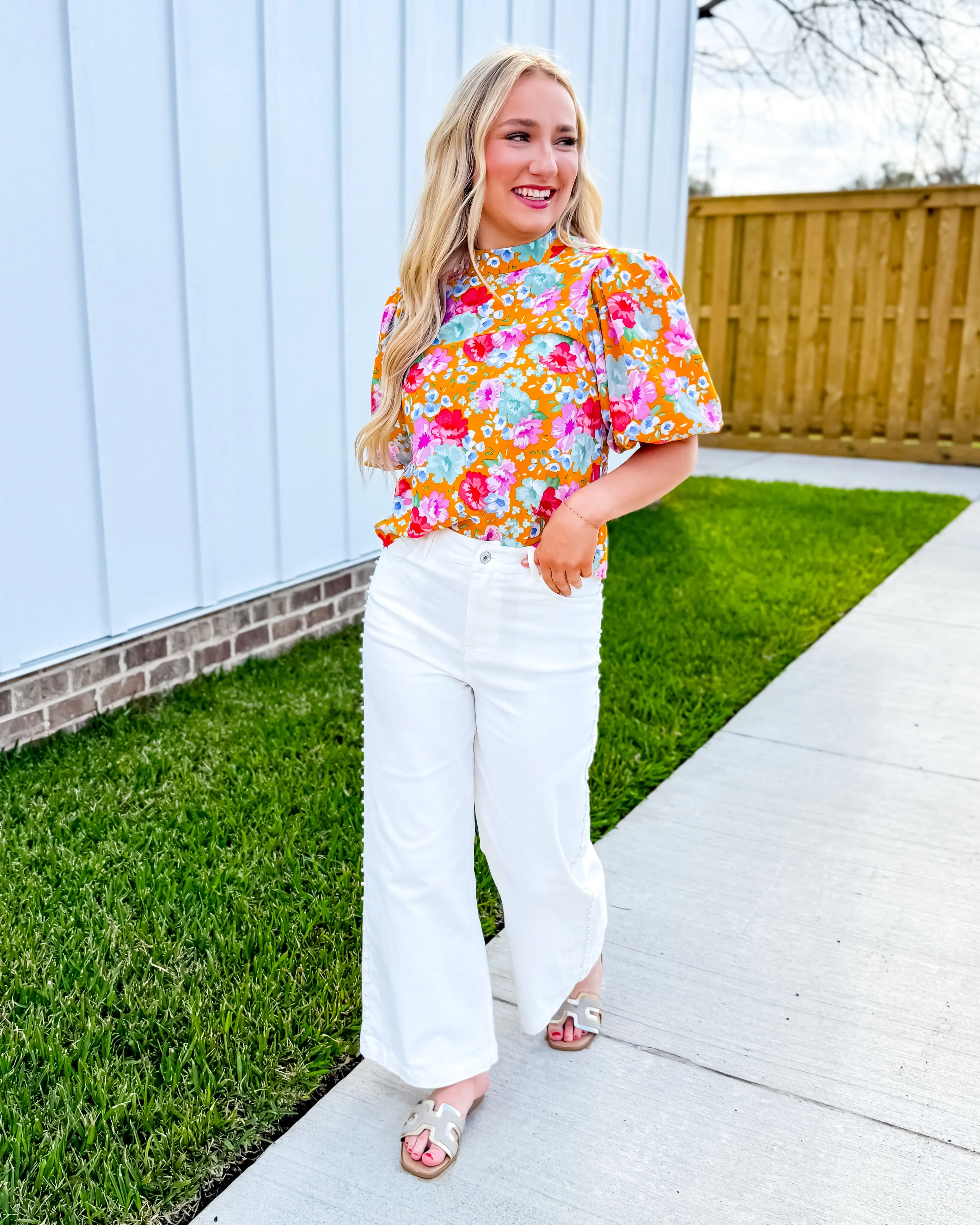 THML Mustard Floral Puff Sleeve Top