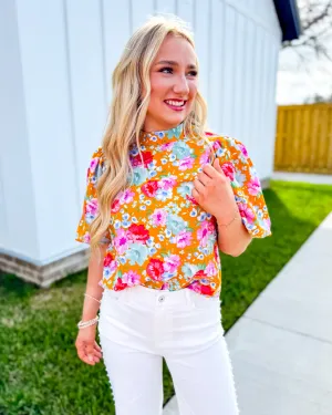 THML Mustard Floral Puff Sleeve Top
