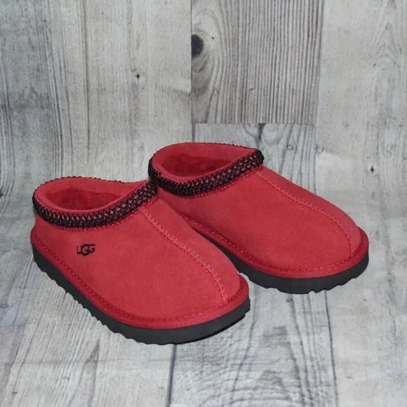UGG Tasman II Suede/Sheepskin Red/Black Slippers Little Kids Size 11