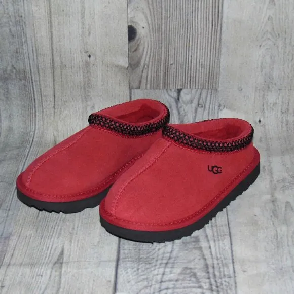 UGG Tasman II Suede/Sheepskin Red/Black Slippers Little Kids Size 11