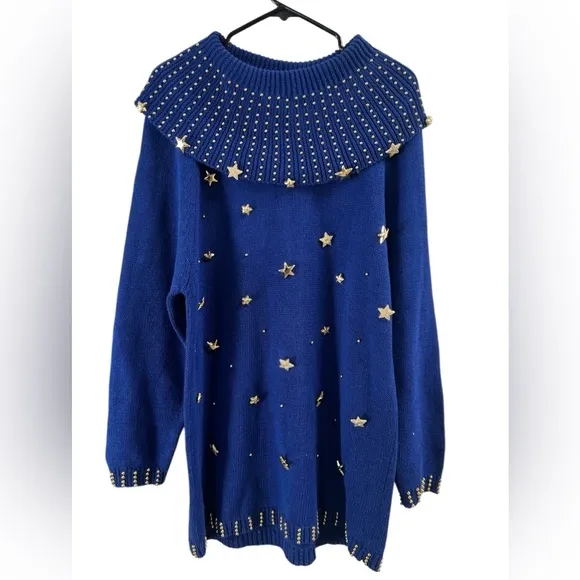 Vintage blue star long sleeve mini sweater dress