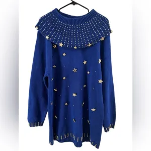 Vintage blue star long sleeve mini sweater dress