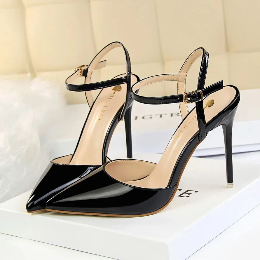 Women 10.5cm High Heels Sandals Lady Metallic Gray Patent Leather Stripper Ankle Strap Sandals Wedding Fetish Nightclub Shoes