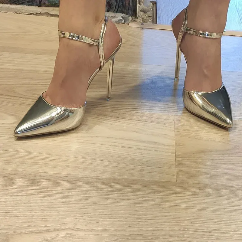 Women 10.5cm High Heels Sandals Lady Metallic Gray Patent Leather Stripper Ankle Strap Sandals Wedding Fetish Nightclub Shoes