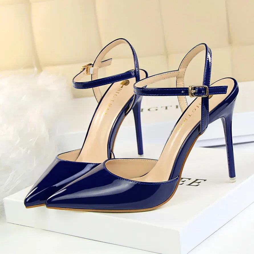 Women 10.5cm High Heels Sandals Lady Metallic Gray Patent Leather Stripper Ankle Strap Sandals Wedding Fetish Nightclub Shoes