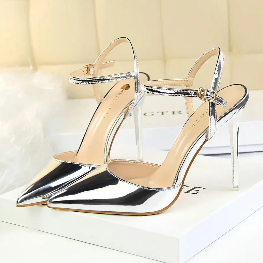 Women 10.5cm High Heels Sandals Lady Metallic Gray Patent Leather Stripper Ankle Strap Sandals Wedding Fetish Nightclub Shoes